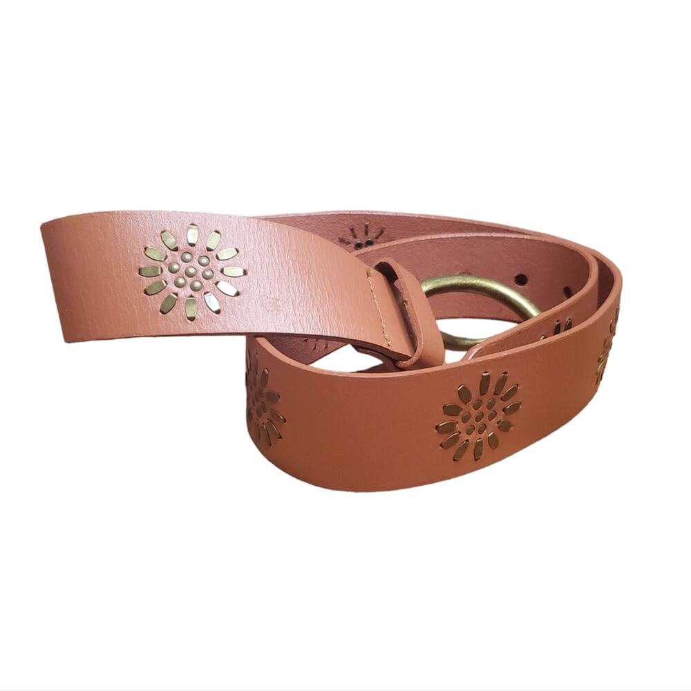 Linea Pelle Anthropologie Brown Genuine Leather Metal Floral Studded Belt